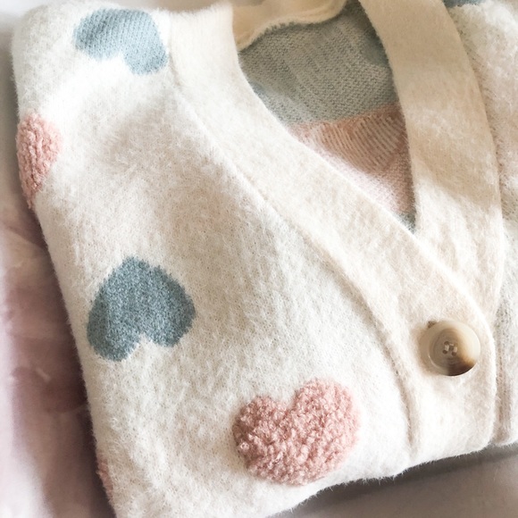 Sweaters - Sweater cardigan heart sweater cute button down fuzzy v-neck chunky